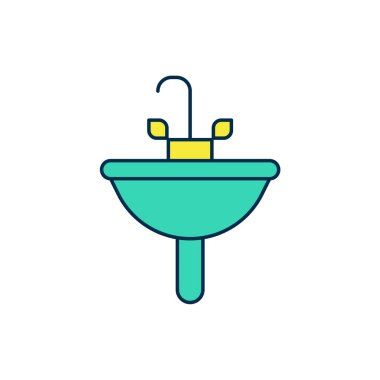 Beyaz arka planda izole edilmiş ana hatlı lavabo su musluğu ikonu ile dolu. Vektör