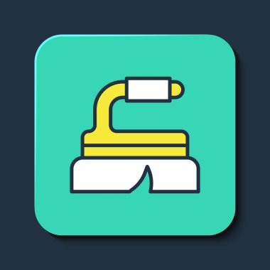 Temizlik simgesi için doldurulmuş fırça mavi arkaplanda izole edildi. Temizlik hizmeti konsepti. Turkuaz kare düğme. Vektör