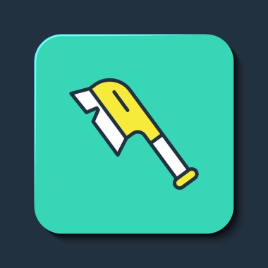 Temizlik simgesi için doldurulmuş fırça mavi arkaplanda izole edildi. Temizlik hizmeti konsepti. Turkuaz kare düğme. Vektör