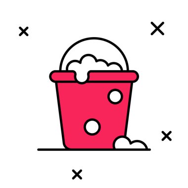 Beyaz arkaplanda izole edilmiş köpük ve baloncuk ikonu ile ana hatları doldurulmuş kova. Temizlik hizmeti konsepti. Vektör