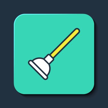 Mavi arka planda izole edilmiş boru temizleme ikonu için ahşap saplı kauçuk pompa. Tuvalet pompası. Turkuaz kare düğme. Vektör