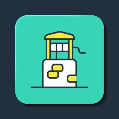 Doldurulmuş kuyu simgesi mavi arkaplanda izole edildi. Turkuaz kare düğme. Vektör