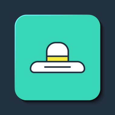 Bahçıvan, çiftçi ya da tarım işçisi şapkası ikonu mavi arka planda izole edilmiş. Turkuaz kare düğme. Vektör