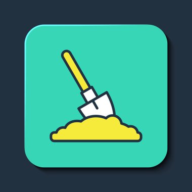 Mavi arkaplanda izole edilmiş yer ikonundaki ana hatlı kürek. Bahçe aletleri. Bahçecilik, tarım, çiftçilik aleti. Turkuaz kare düğme. Vektör