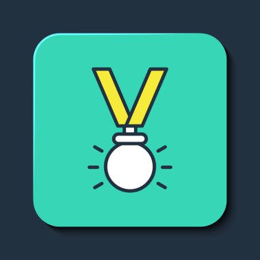 Doldurulmuş Madalya simgesi mavi arkaplanda izole edildi. Kazanan sembol. Turkuaz kare düğme. Vektör