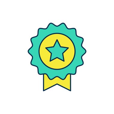 Beyaz arkaplanda izole edilmiş yıldız ikonu ile ana hatları doldurulmuş. Kazanan başarı işareti. Ödül madalyası. Vektör