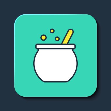 Mavi arka planda izole edilmiş ana hatlı cadılar bayramı cadı kazanı ikonu. Mutlu Cadılar Bayramı Partisi. Turkuaz kare düğme. Vektör