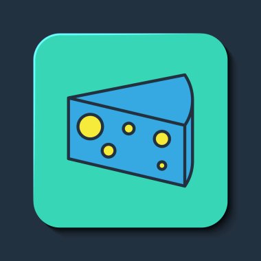 Doldurulmuş çizgili peynir simgesi mavi arkaplanda izole edilmiş. Turkuaz kare düğme. Vektör