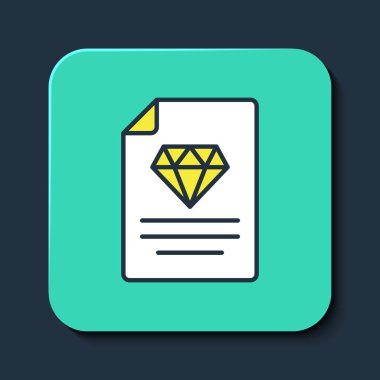 Mavi arka planda izole edilmiş elmas simgesinin ana hatlarıyla belirtilmiş sertifikası. Turkuaz kare düğme. Vektör