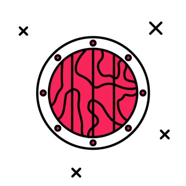 Beyaz arka planda izole edilmiş yuvarlak ahşap kalkan simgesi. Güvenlik, güvenlik, koruma, mahremiyet, koruma kavramı. Vektör