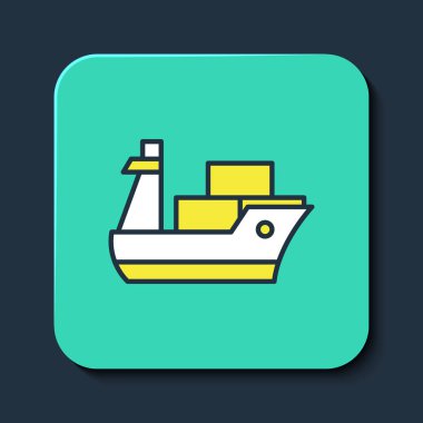 Doldurulmuş kargo gemisi simgesi mavi arka planda izole edildi. Turkuaz kare düğme. Vektör