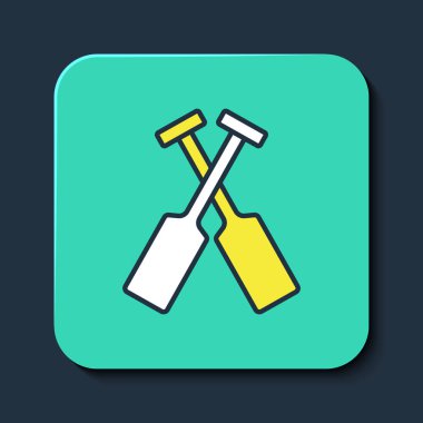 Mavi arka planda izole edilmiş çapraz kürek ya da kürek ikonu. Turkuaz kare düğme. Vektör