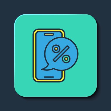 Mavi arka planda izole edilmiş cep telefonu simgesinde yüzde indirimi var. Satış yüzdesi - fiyat etiketi, etiket. Turkuaz kare düğme. Vektör