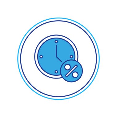 Doldurulmuş ana hatlı saat ve beyaz arkaplanda izole edilmiş yüzde indirim simgesi. Vektör