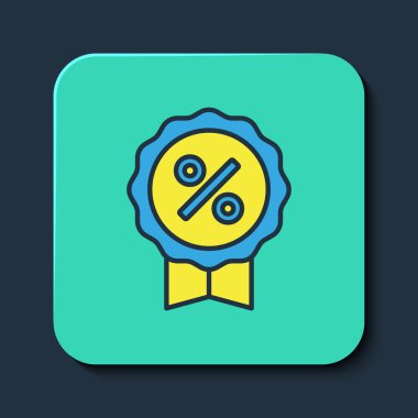 Doldurulmuş İndirim yüzde etiketi simgesi mavi arkaplanda izole edildi. Etiket alışverişi. Özel teklif işareti. İndirim kuponları sembolü. Turkuaz kare düğme. Vektör