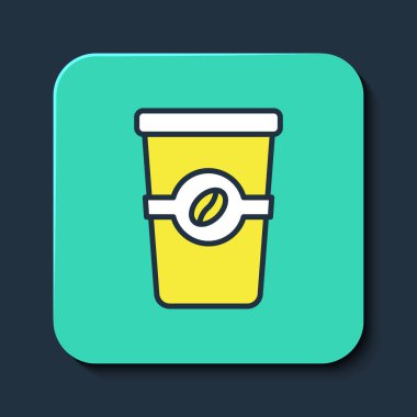 Mavi arka planda izole edilmiş bir kahve bardağını doldurdum. Turkuaz kare düğme. Vektör