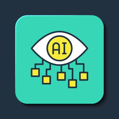 Doldurulmuş ana hatlı Bilgisayar görme simgesi mavi arkaplanda izole edildi. Teknik görüş, göz devresi, video izleme sistemi, artırılmış gerçeklik sistemleri. Turkuaz kare düğme. Vektör