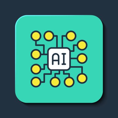 Mavi arkaplanda nöral ağ simgesi izole edildi. Yapay zeka yapay zekası. Turkuaz kare düğme. Vektör