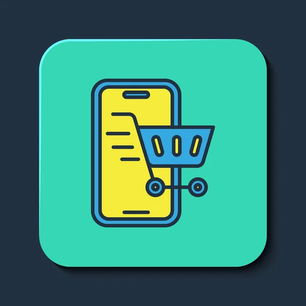 Filled Outline Mobile Phone Shopping Cart Icon Isolated Blue Background — 图库矢量图片