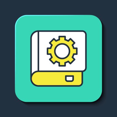 Doldurulmuş Kullanıcı elle simgesi mavi arkaplanda izole edildi. Kullanıcı rehberi kitabı. Talimat işareti. Kullanmadan önce oku. Turkuaz kare düğme. Vektör