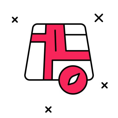 Beyaz arkaplanda izole edilmiş taksi arabası simgesiyle ana hatları doldurulmuş. Konum sembolü. Vektör