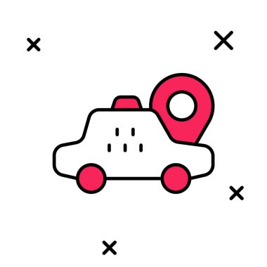 Beyaz arkaplanda izole edilmiş taksi arabası simgesiyle ana hatları doldurulmuş. Konum sembolü. Vektör