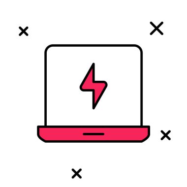 Doldurulmuş dizüstü bilgisayar simgesi beyaz arkaplanda izole edildi. Boş ekran işaretli bilgisayar defteri. Vektör