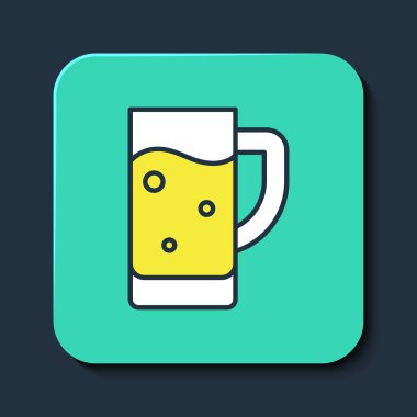 Mavi arka planda izole edilmiş bira ikonu ana hatlarıyla dolu. Turkuaz kare düğme. Vektör