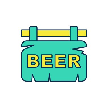 Beyaz arkaplanda izole edilmiş bira simgesi ile ana hatları doldurulmuş sokak tabelası. Reklamlar için uygun bar, kafe, bar, restoran. Vektör