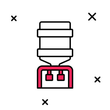 Ofis için ana hatlı su soğutucusu ve beyaz arka planda izole edilmiş ev simgesi. Su dağıtıcısı. Şişe ofisi, plastik ve sıvı. Vektör