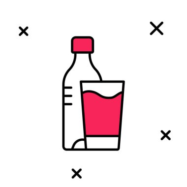 Beyaz arka planda izole edilmiş cam ikonla dolu bir şişe su. Soda su içme tabelası. Vektör