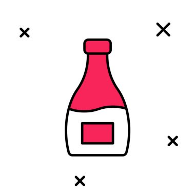 Beyaz arka planda izole edilmiş ana hatlı sos şişesi ikonu. Ketçap, hardal ve fast food için soslu mayonez şişeleri. Vektör