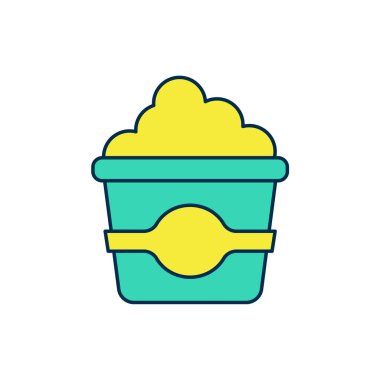 Beyaz arka planda izole edilmiş karton kutu simgesiyle doldurulmuş patlamış mısır. Patlamış mısır kutusu. Vektör