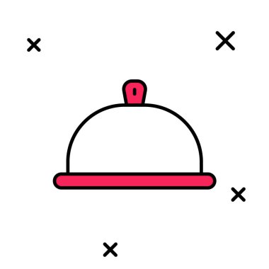 Beyaz arka planda izole edilmiş bir tepsi yemek ikonu ile kaplanmış. Tepsi ve kapak işareti. Kapaklı bir restoran saati. Vektör