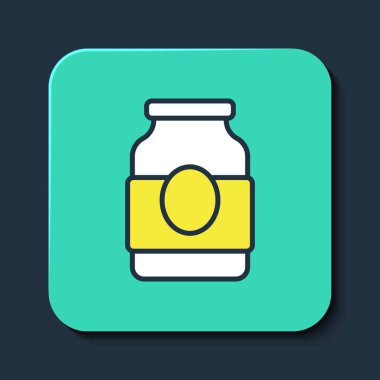Doldurulmuş Jam kavanozu simgesi mavi arkaplanda izole edildi. Turkuaz kare düğme. Vektör