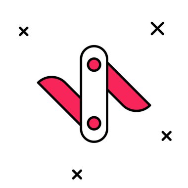 Beyaz arka planda izole edilmiş çizgili İsviçre ordu bıçak ikonu. Çoklu alet, çok amaçlı çakı. Çok fonksiyonlu bir alet. Vektör