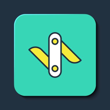 Mavi arka planda izole edilmiş çizgili İsviçre çakısı ikonu. Çoklu alet, çok amaçlı çakı. Çok fonksiyonlu bir alet. Turkuaz kare düğme. Vektör