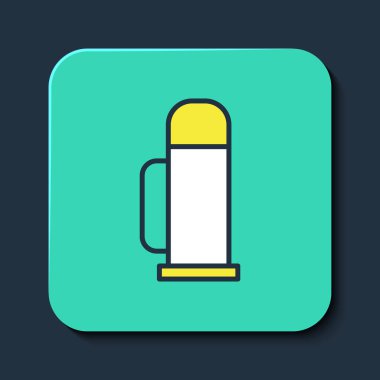 Mavi arkaplanda izole edilmiş ana hatlı termos kabı simgesi. Termo matara ikonu. Kamp ve yürüyüş ekipmanları. Turkuaz kare düğme. Vektör