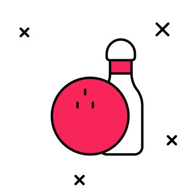 Doldurulmuş bovling topu ve iğne simgesi beyaz arkaplanda izole edilmiş. Spor malzemeleri. Vektör