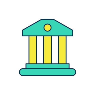 Doldurulmuş ana hatlı banka binası simgesi beyaz arkaplanda izole edildi. Vektör