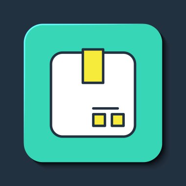 Doldurulmuş karton kutu simgesi mavi arkaplanda izole edildi. Kutu, paket, paket işareti. Teslimat ve ambalaj. Turkuaz kare düğme. Vektör