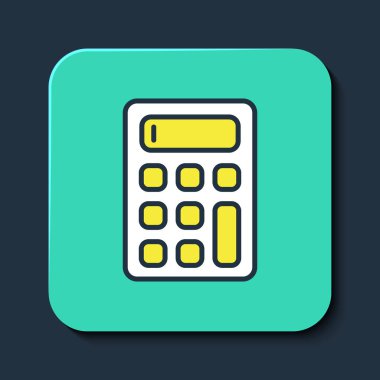 Doldurulmuş ana hat Hesaplayıcı simgesi mavi arkaplanda izole edildi. Muhasebe sembolü. İş hesaplamaları matematik eğitimi ve finans. Turkuaz kare düğme. Vektör