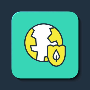 Mavi arka planda izole edilmiş, Dünya 'nın dış hatlarını kalkan simgesiyle doldurdum. Sigorta konsepti. Güvenlik, güvenlik, koruma, gizlilik kavramı. Turkuaz kare düğme. Vektör