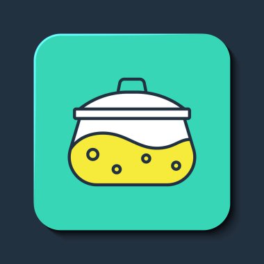 Mavi arkaplanda izole edilmiş ana hatlı tencere ikonu. Haşlama ya da güveç besin sembolü. Turkuaz kare düğme. Vektör