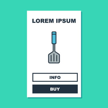 Doldurulmuş ana hatlı Spatula simgesi turkuaz arka planda izole edildi. Mutfak spatula ikonu. Barbekü spatula işareti. Barbekü ve ızgara aleti. Vektör