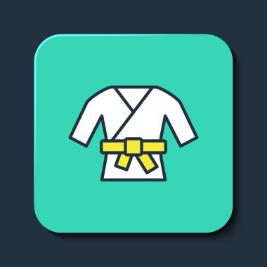 Kimono simgesi mavi arkaplanda izole edildi. Çinliler, Japonlar, Koreliler, Vietnamlılar, milli kostümler ve kimono giyiyorlar. Geleneksel Asya kostümleri. Turkuaz kare düğme. Vektör