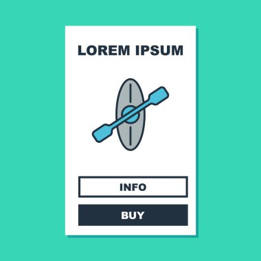 Ana hatlarıyla doldurulmuş kano ve kürek simgesi turkuaz arka planda izole edildi. Balıkçılık ve turizm için kano. Açık hava aktiviteleri. Vektör