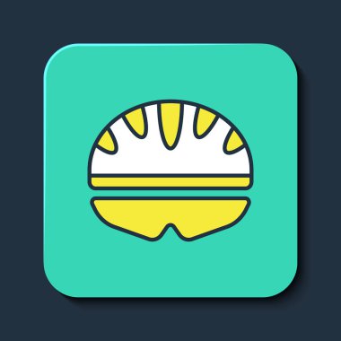 Mavi arkaplanda izole edilmiş ana hatlı bisiklet başlığı simgesi. Olağanüstü bir spor. Spor malzemeleri. Turkuaz kare düğme. Vektör