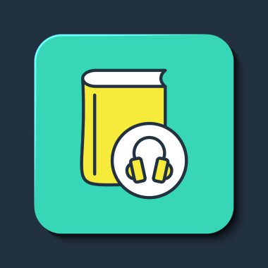 Doldurulmuş ses kitabı simgesi mavi arkaplanda izole edildi. Kulaklıklı kitap. Ses rehberi işareti. Çevrimiçi öğrenme kavramı. Turkuaz kare düğme. Vektör