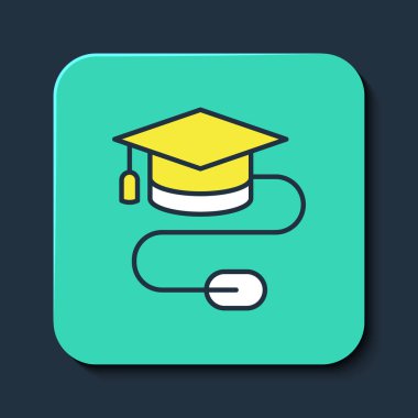 Mavi arkaplanda izole edilmiş fare simgesiyle ana hatlı mezuniyet başlığı. Dünya eğitim sembolü. Çevrimiçi öğrenme ya da e-öğrenme kavramı. Turkuaz kare düğme. Vektör